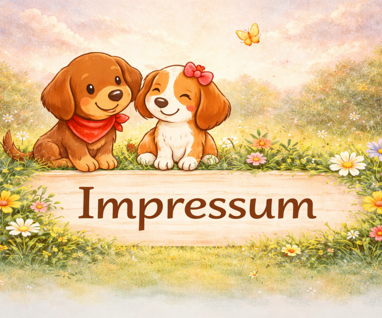 Zwei süße Welpen mit Blumen und einem Schild mit der Aufschrift "Impressum".