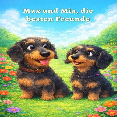 Zwei Hunde, Max und Mia, stehen fröhlich vor einer blühenden Wiese.