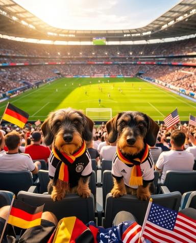 Zwei Hunde in Fußballtrikots sitzen im Stadion und schauen auf das Spielfeld.
