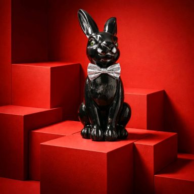 Schwarzer Hase mit Fliege auf roten Würfeln vor rotem Hintergrund.