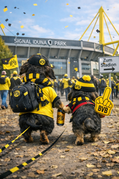 Zwei Hunde in Fanbekleidung stehen vor einem Stadion mit begeisterten Fans.