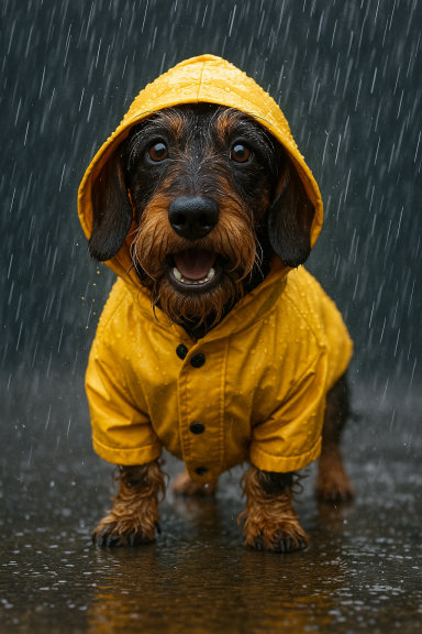 Dackel in gelbem Regenmantel steht im Regen und lächelt.