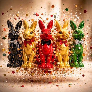 Fünf bunte Hasenfiguren in verschiedenen Farben stehen vor glitzerndem Hintergrund.