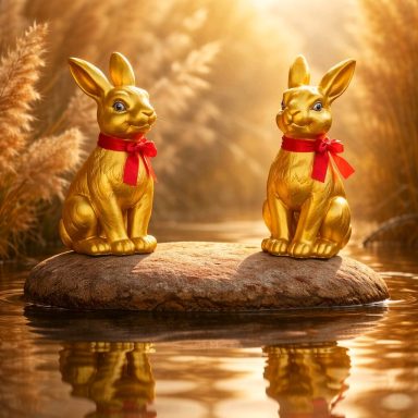 Zwei goldene Hasenfiguren mit roten Schleifen sitzen auf einem Steinhaufen im Wasser.