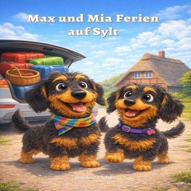 Zwei fröhliche Hunde mit bunten Tüchern stehen vor einem Auto mit Gepäck.