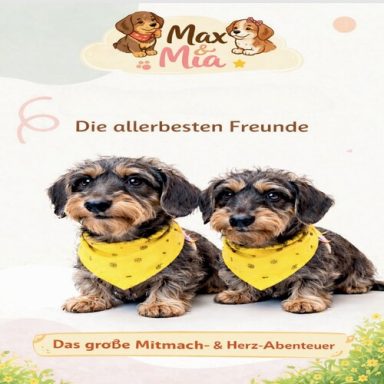 Zwei Hunde mit gelben Halstüchern, Titel über Freundschaft und Abenteuer.