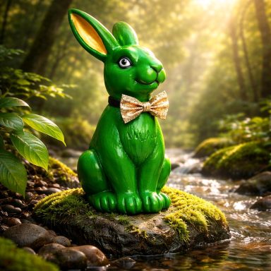 Grüner Schokoladenhase mit Fliege sitzt auf einem Stein neben einem Bach in einem Wald.