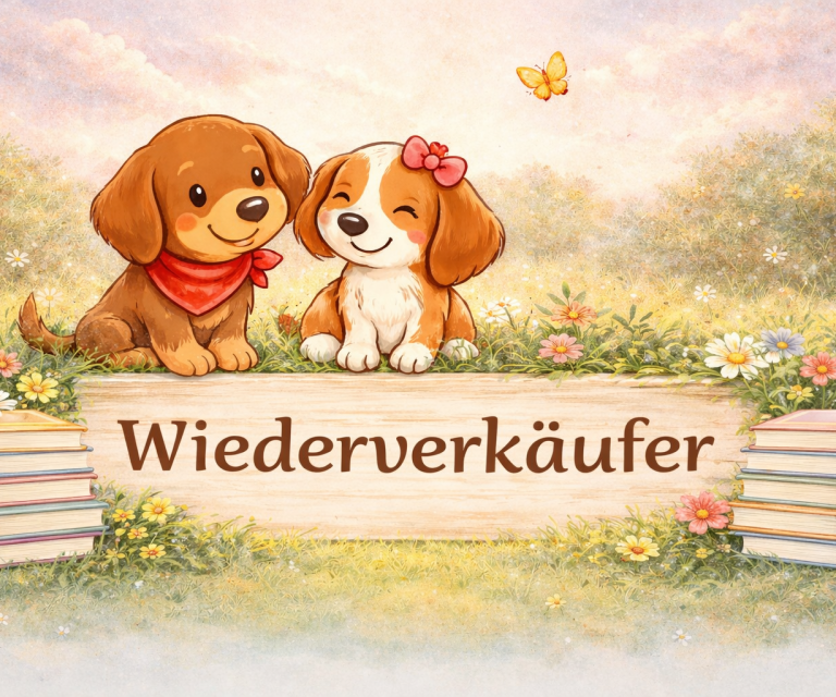 Zwei niedliche Welpen stehen vor einer Tafel mit der Aufschrift "Wiederverkäufer".