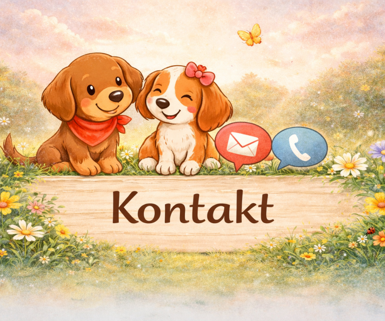 Zwei niedliche Welpen mit Blumen und Schmetterlingen, darunter das Wort "Kontakt".
