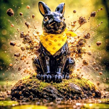 Schwarzer Hase mit gelbem Halstuch, umgeben von spritzendem Wasser und Schlamm.