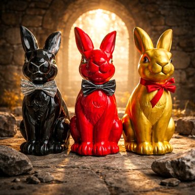 Drei dekorative Schokoladenhasen in Schwarz, Rot und Gold mit Schleifen auf Steinen.