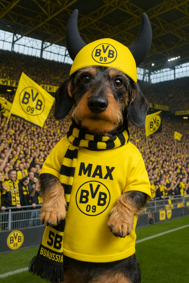 Ein Dackel in BVB-Kleidung mit Mütze und Schal, umgeben von Fans im Stadion.