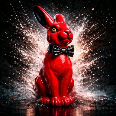 Roter Kaninchen mit Fliege vor spritzigem Hintergrund.