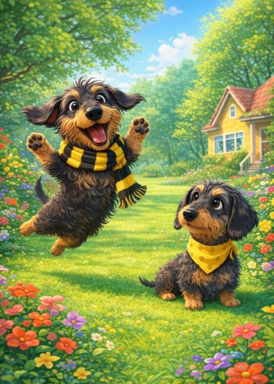 Zwei niedliche Welpen in Gärten, einer springt vor Freude, beide tragen Halstücher.