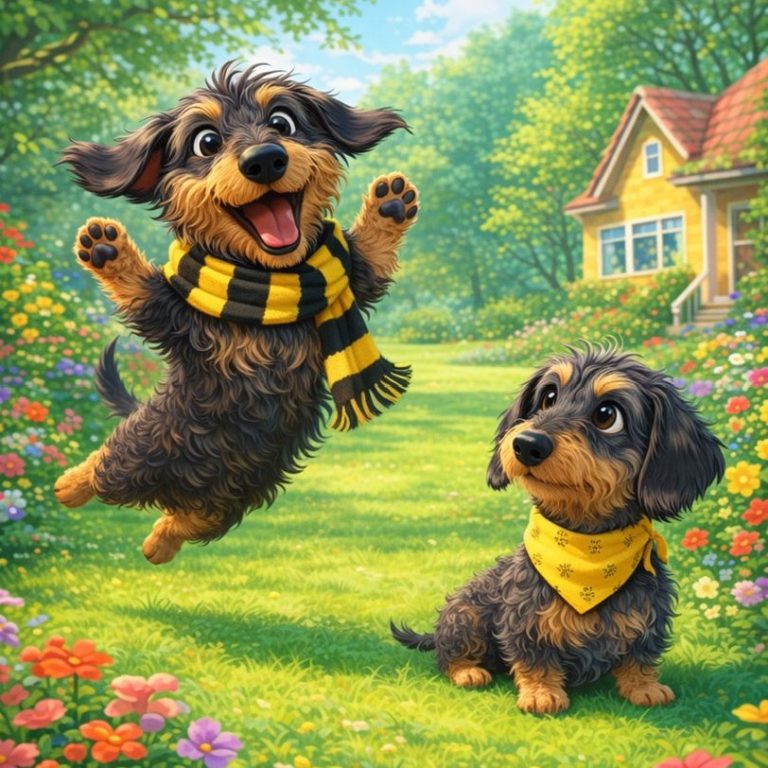 Zwei fröhliche Dachshunde in einem blühenden Garten, einer springt, der andere schaut.