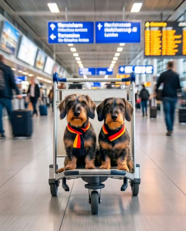 Zwei Hunde in einem Gepäckwagen, umgeben von Reisenden in einem Flughafen.