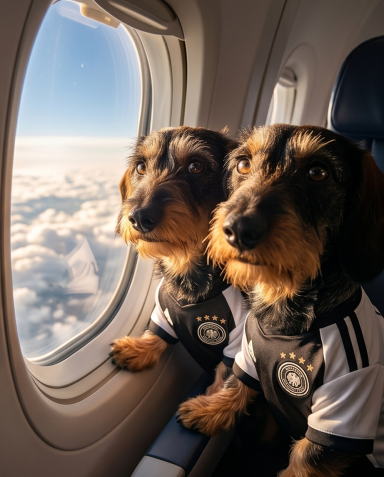 Zwei Dackel in Deutschland-Trikots schauen aus dem Flugzeugfenster.