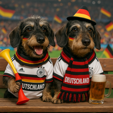Zwei Hunde in Deutschen Fan-Outfits, umgeben von Fußball-Ambiente, mit Bier und Tröte.