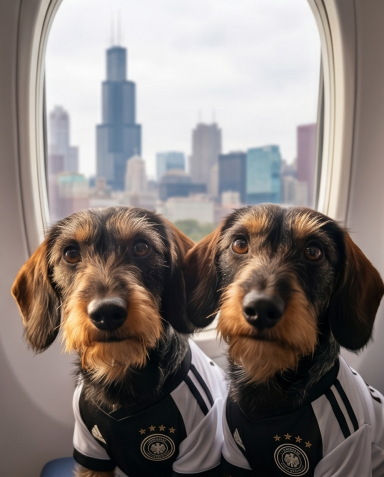Zwei Hunde in Trikots vor einem Fenster mit Stadtansicht.