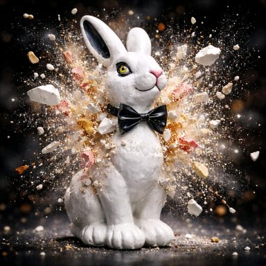 Ein zerbrochener weißer Hase mit Fliege, umgeben von farbenfrohen Explosionseffekten.