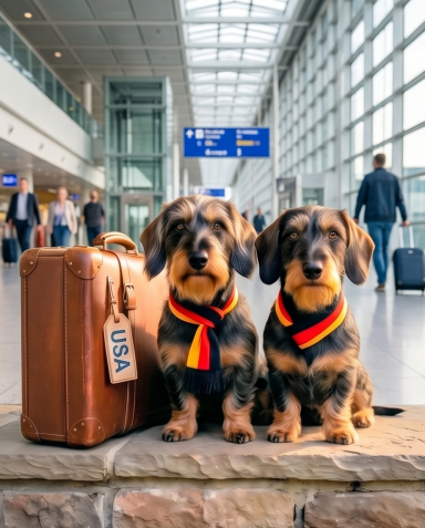 Zwei Dackel mit Reisetasche, im Flughafen-Hintergrund stehen.