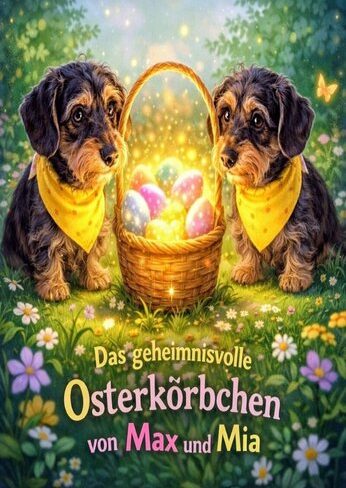 Zwei Dackel mit gelben Tüchern neben einem Korb voller Ostereier im Blumenfeld.