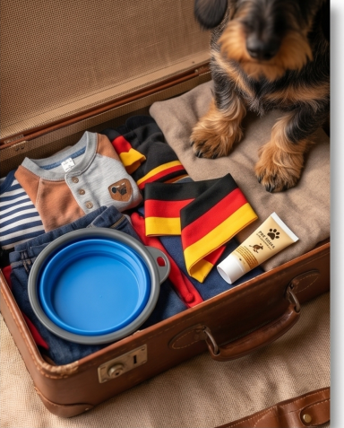 Ein offener Koffer mit Hundezubehör, Kleidung und Futtergeschirr für einen Hund.