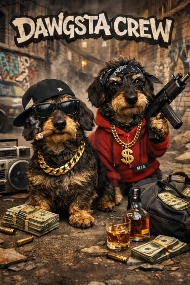 Zwei Dackel in Streetwear mit Sonnenbrillen, Schmuck und einer Spielzeugwaffe.