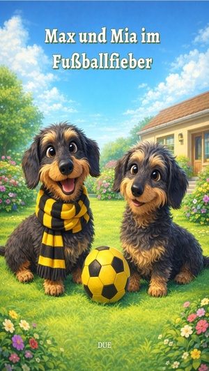 Zwei fröhliche Hunde mit Fußball und Schal, umgeben von Blumen in einem Garten.