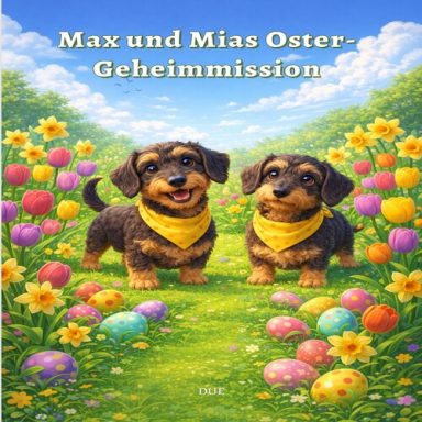 Zwei fröhliche Welpen mit Schals zwischen bunten Ostereiern und Blumen auf einer Wiese.