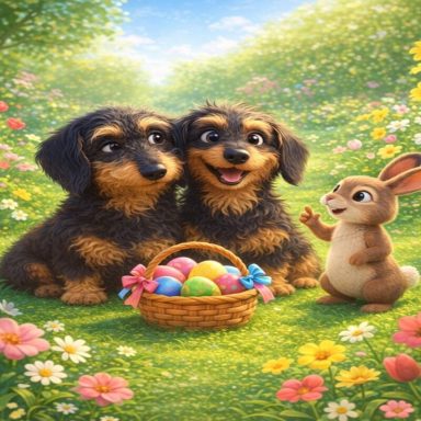 Zwei fröhliche Hunde und ein Kaninchen neben einem Korb mit bunten Ostereiern in einer Blumenwiese.