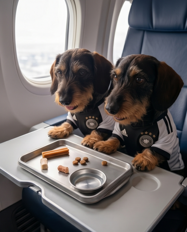 Zwei Dackel in Trikots sitzen am Flugzeugfenster mit Futtertablett.