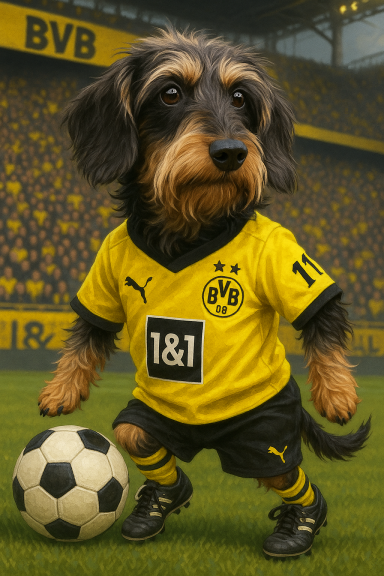 Ein Dackel in einem Borussia Dortmund-Trikot steht bereit, einen Fußball zu kicken.