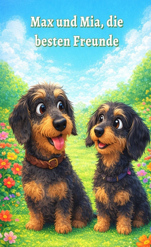 Zwei fröhliche Hunde, Max und Mia, stehen in einer blühenden Landschaft.