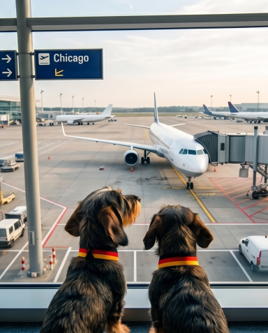 Zwei Hunde blicken aus einem Flughafenfenster auf ein Flugzeug nach Chicago.