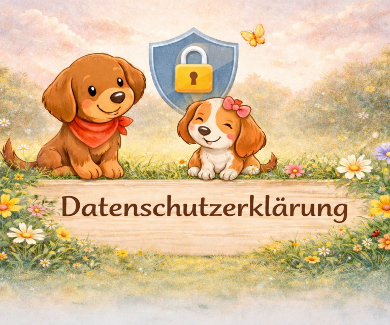 Zwei niedliche Hunde mit Schutzschild und dem Text "Datenschutzerklärung" davor.