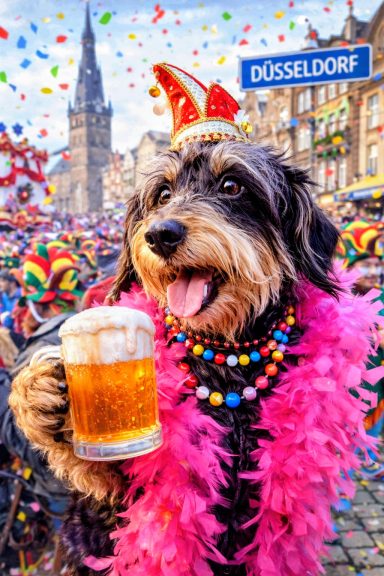 Ein Hund mit Bierkrug, bunt geschmückt, feiert Karneval in Düsseldorf.