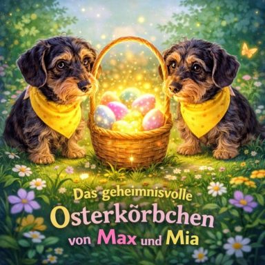 Zwei Dackel mit gelben Tüchern neben einem Korb mit bunten Ostereiern.